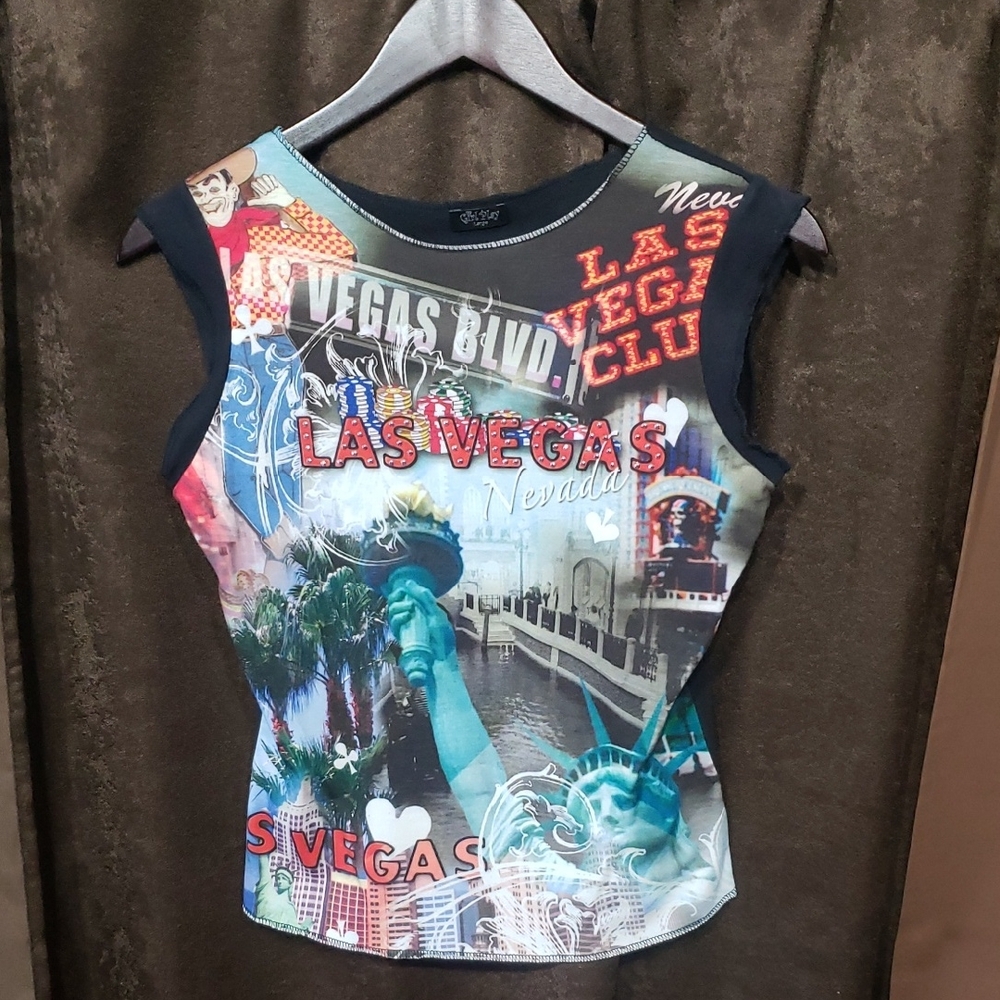 Girl Play Beaded Las Vegas Graphic Sleeveless Top Women's 100% Cotton